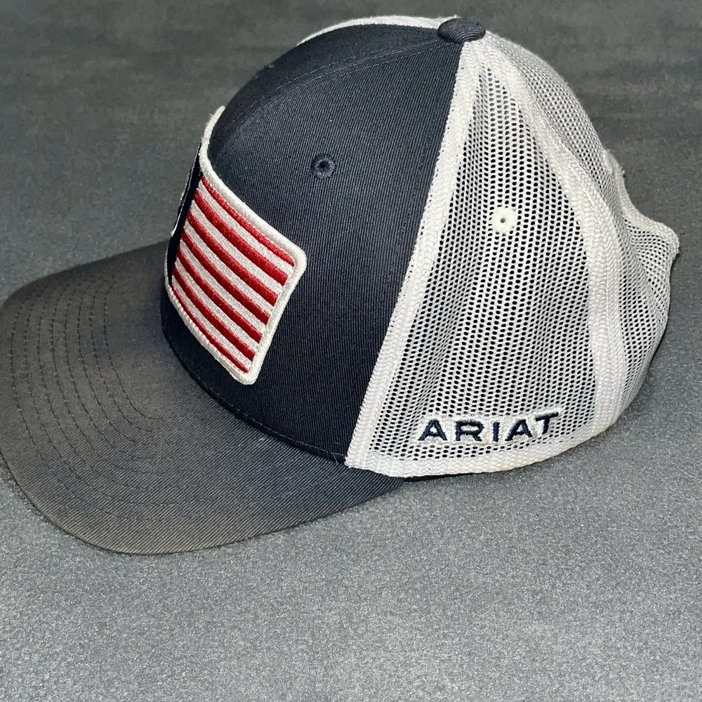 Ariat Hat Cap Snap Back Navy White American Flag Patch Mesh Trucker Mens Rodeo‎